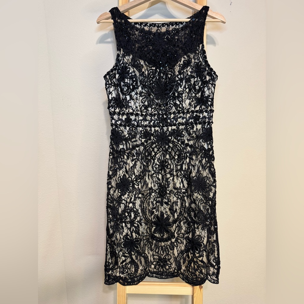Sleeveless Black Lace Over Nude Midi Dress